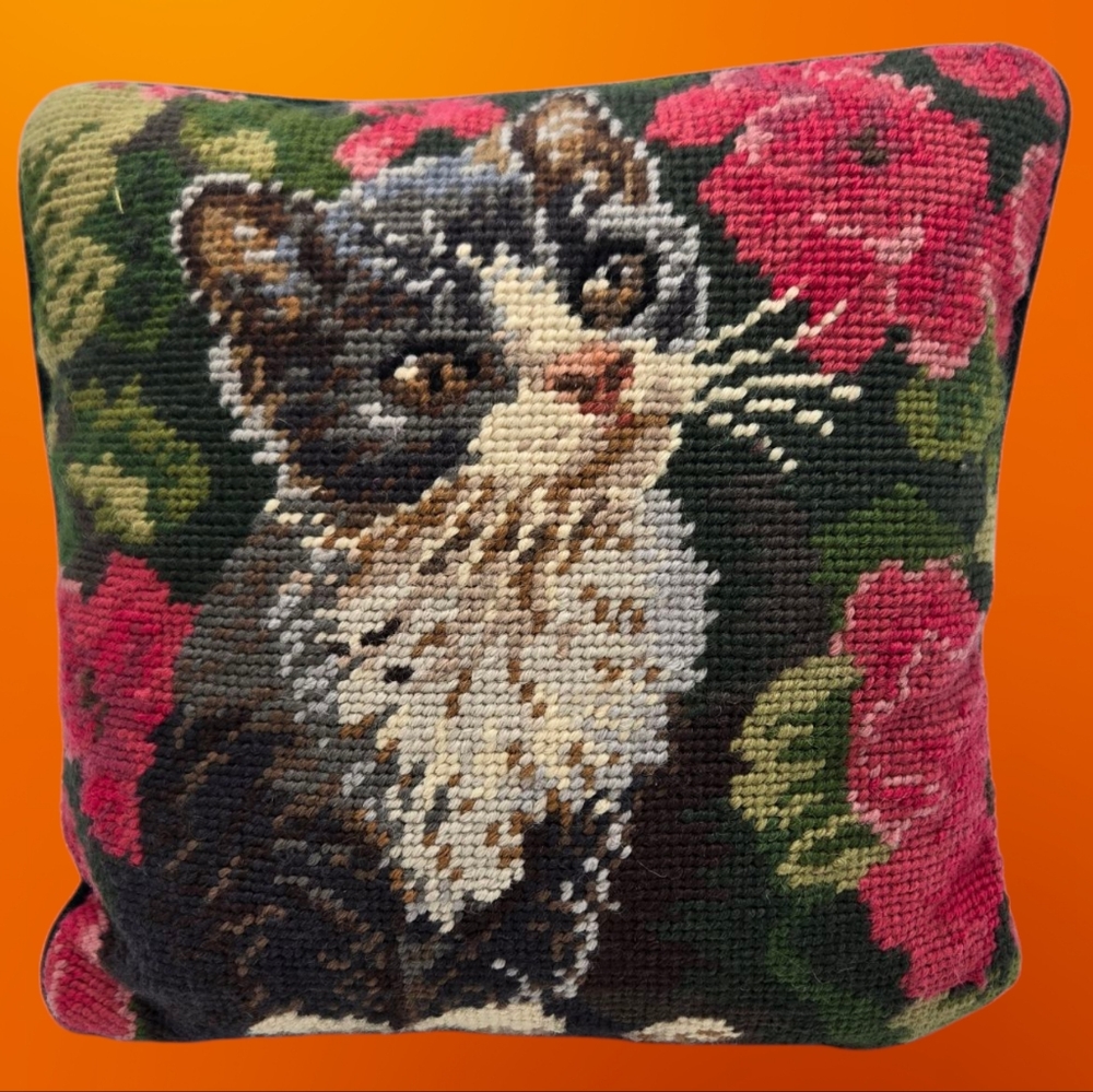 Vintage Handmade Cat Needlepoint Pillow with Floral Design Kitty Zip Back